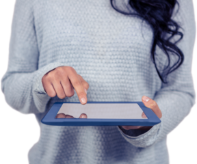 Mid section of Asian woman using tablet