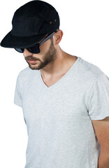Model wearing black cap and sunglasses
