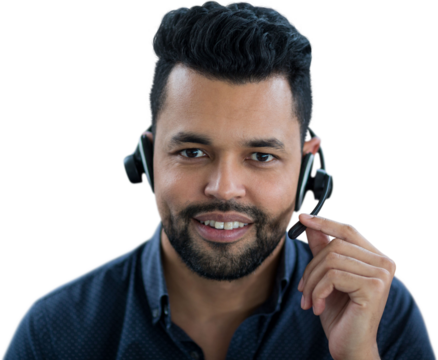 Portrait of smiling male call center agent talking through headset