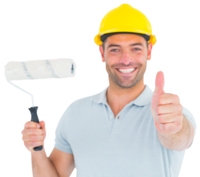 Manual worker with paint roller gesturing thumbs up