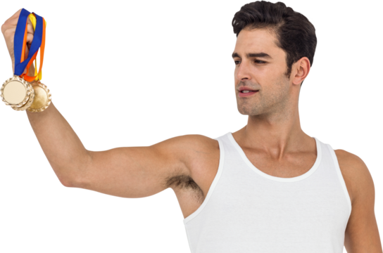 Athlete posing with gold medals - Powered by Adobe