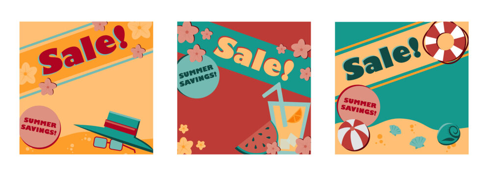 Retro summer beach fun sales promotion graphics set 