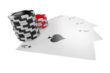 Stack of red and black gambling chips with playing cards