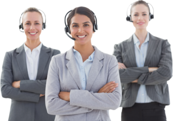 Business team wearing headsets and standing arms crossed