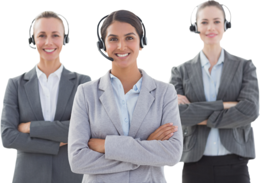 Business team wearing headsets and standing arms crossed