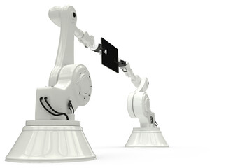 Composite image of robots with digital tablet