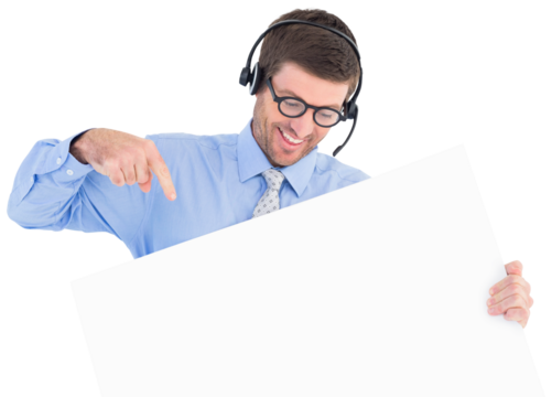 Businessman showing card wearing headset
