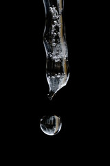close up, macro of water drop forming and falling from single isolated icicle in front of dark background