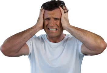 Close-up portrait of mature man with head in hands