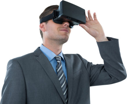 Businessman using virtual reality headset