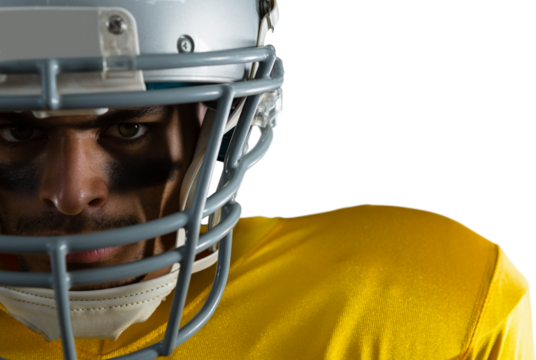 Close up portrait of American football player wearing helmet