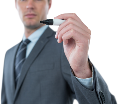 Businessman writing with marker invisible screen  - Powered by Adobe