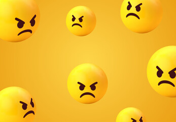 3d angry emoji face background collection. grumpy yellow emoticon for social network media - mad pouting emojis - anger, enraged, hate emoticon set - cute smiley smiling emoticons. Vector illustration