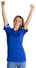 Cheering football fan in blue jersey