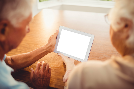 Rear view of senior couple using tablet