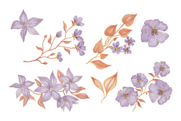 Purple flowers and brown leaves in watercolor, hand drawn watercolor vector illustration for greeting card or invitation design