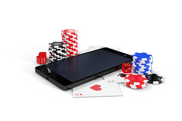 Mobile phone with casino tokens and playing cards