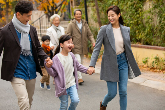 Chinese family taking a walk