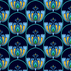 Ethnic pattern. Bandana Print. Silk neck scarf or kerchief. Design for Saree, Patola, Sari, Dupatta, textile. Tile patterns. Aztec style. Floral vintage. Bohemian Indian motif style. Clothing. Vector.