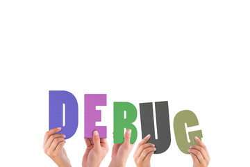 Colorful alphabet spelling debug held up by people 