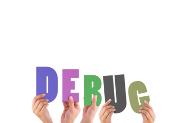 Colorful alphabet spelling debug held up by people 