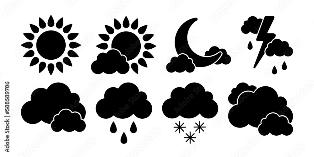 Wall mural weather icons collection. black vector elements on white background. best for seamless patterns, dec