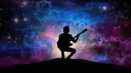 The breathtaking universe in all its splendor, with a human figure at its center playing an electric guitar, symbolizing the connection between the cosmos and the artist, generative ai