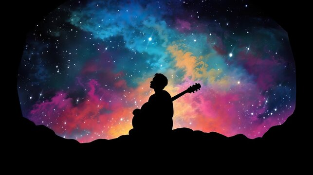 The breathtaking universe in all its splendor, with a human figure at its center playing an electric guitar, symbolizing the connection between the cosmos and the artist, generative ai