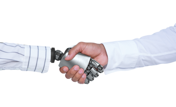 Graphic image of businessman and robot shaking hands