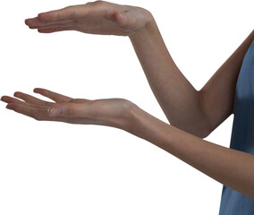 Midsection of executive gesturing while standing against white background