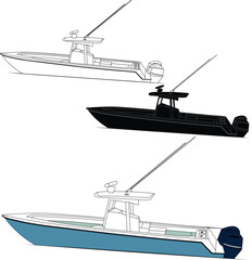High quality line drawing vector fishing boat. Black, white and color illustration.