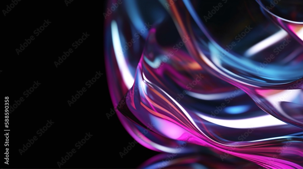 Wall mural abstract liquid glass holographic iridescent neon curved wave in motion dark background 3d render. g