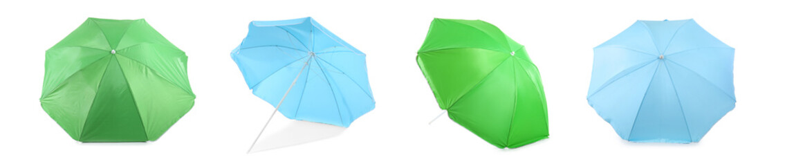 Collage of beach umbrellas on white background © Pixel-Shot