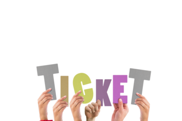 Cropped hands holding colorful alphabets forming ticket