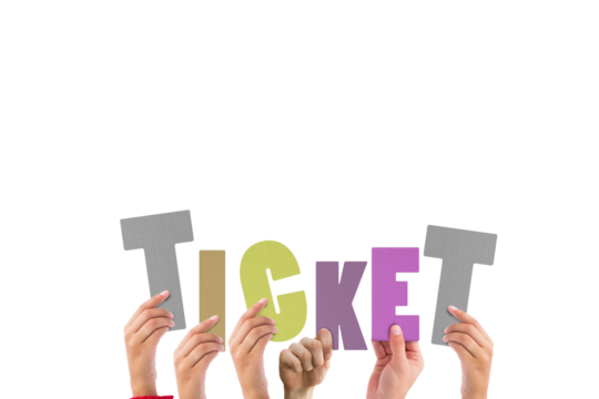 Cropped hands holding colorful alphabets forming ticket