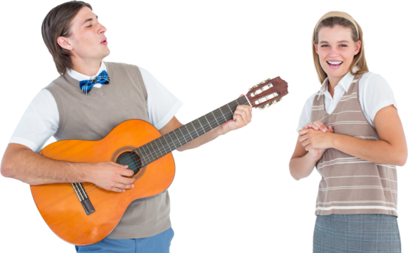 Geeky hipster serenading his girlfriend with guitar  - Powered by Adobe