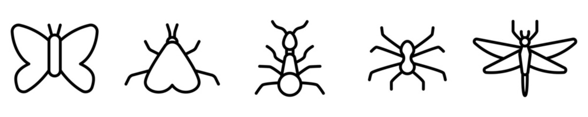 Conjunto de iconos de insectos. Animales invertebrados. Mariposa, hormiga, araña, libélula. Ilustración vectorial