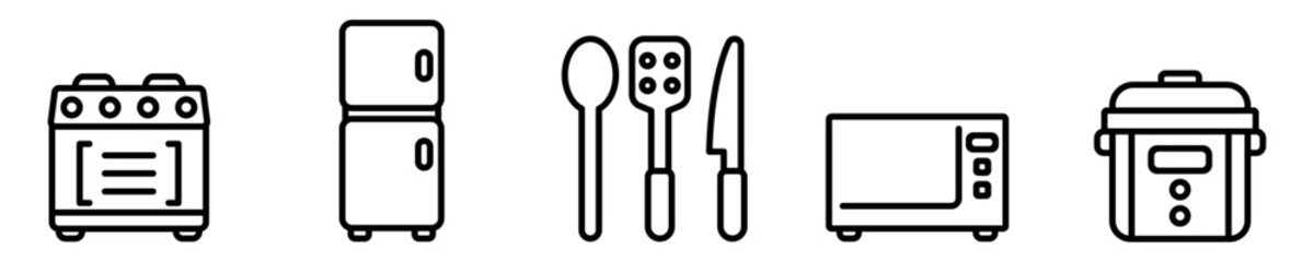 Conjunto de iconos de cocina. Electrodomésticos,  refrigeradora, microonda, olla arrocera, cubiertos. Ilustración vectorial