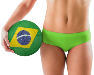 Fit girl in green bikini holding brazil football