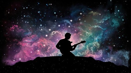 The breathtaking universe in all its splendor, with a human figure at its center playing an electric guitar, symbolizing the connection between the cosmos and the artist, generative ai

