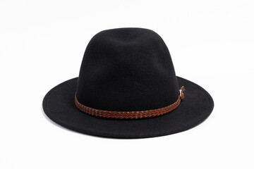 Stilish black hat with strap for women, isolated white background.