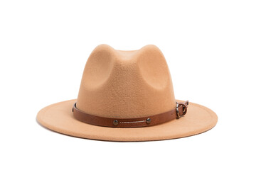 Front view stilish brown safari style hat for women, isolated white background.