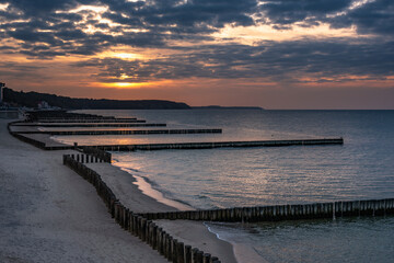 Beach of Baltic sea in Svetlogorsk at sunset. Kaliningrad region. Russia