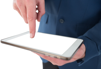 Close up mid sectiong of businessman using tablet PC