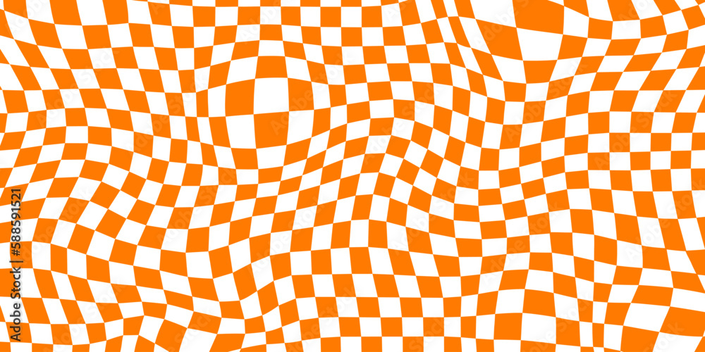 Poster Trippy checkerboard background. Orange retro psychedelic checkered wallpaper. Wavy groovy chessboard surface. Distorted and twisted geometric pattern. Abstract vector backdrop