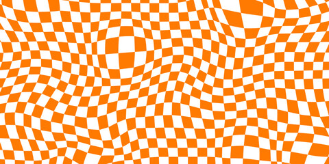 Trippy checkerboard background. Orange retro psychedelic checkered wallpaper. Wavy groovy chessboard surface. Distorted and twisted geometric pattern. Abstract vector backdrop - obrazy, fototapety, plakaty
