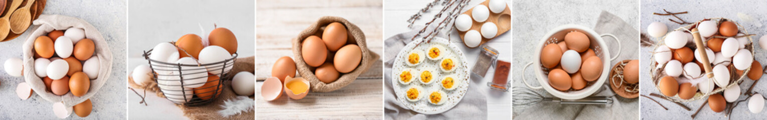 Collage of raw and boiled chicken eggs on light background