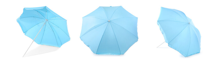 Collage of blue beach umbrella on white background