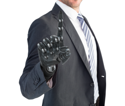 Graphic image of businessman with robotic hand