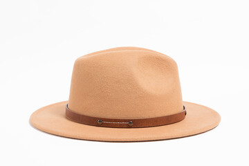 Side view stilish brown safari style hat for women, isolated white background.
